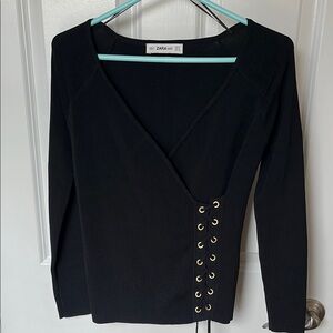 Zara Black Lace-Up Wrap Sweater Top